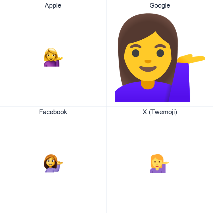 Woman Tipping Hand emoji in a square grid: Apple and Google on the top row, Facebook and X Twemoji on the bottom, on white.