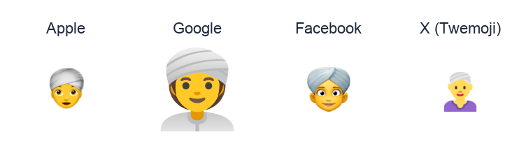 Woman Wearing Turban emoji artwork compared side by side for Apple, Google Noto, Facebook, and X Twemoji styles on white.