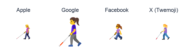 Woman With White Cane emoji artwork compared side by side for Apple, Google Noto, Facebook, and X Twemoji styles on white.