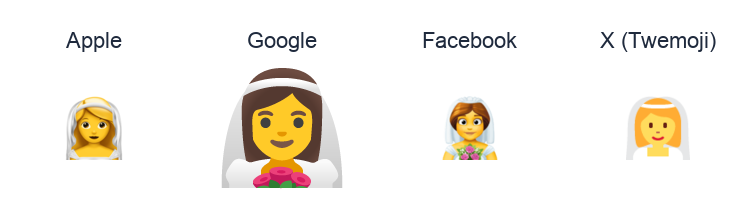 Woman With Veil emoji artwork compared side by side for Apple, Google Noto, Facebook, and X Twemoji styles on white.