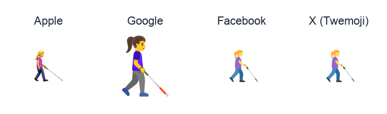 Woman With White Cane Facing Right emoji artwork compared side by side for Apple, Google Noto, Facebook, and X Twemoji styles on white.