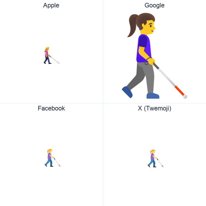 Woman With White Cane Facing Right emoji in a square grid: Apple and Google on the top row, Facebook and X Twemoji on the bottom, on white.