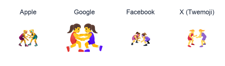 Women Wrestling emoji artwork compared side by side for Apple, Google Noto, Facebook, and X Twemoji styles on white.