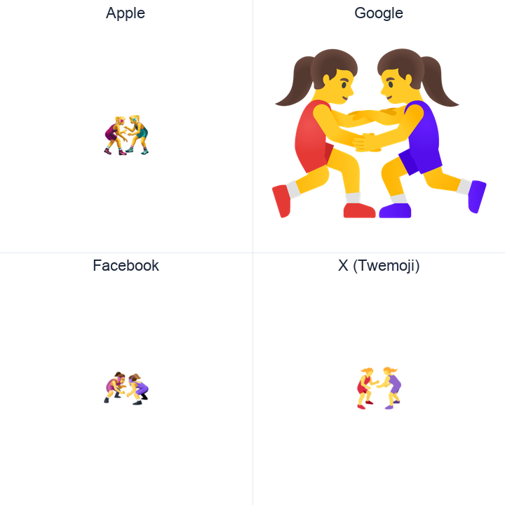 Women Wrestling emoji in a square grid: Apple and Google on the top row, Facebook and X Twemoji on the bottom, on white.