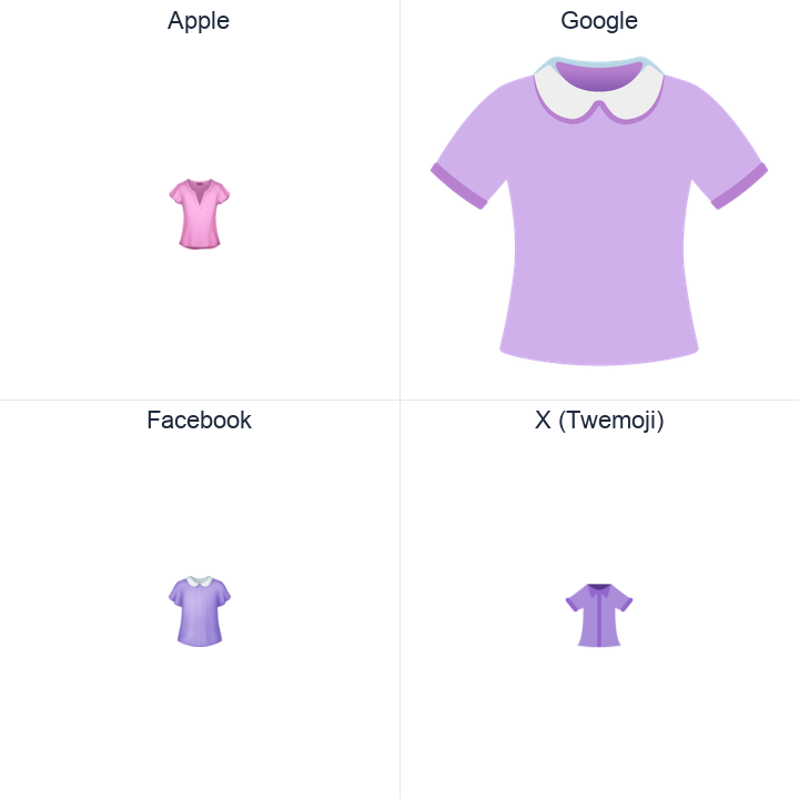 Womans Clothes emoji in a square grid: Apple and Google on the top row, Facebook and X Twemoji on the bottom, on white.