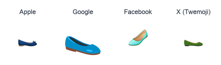 Flat Shoe emoji artwork compared side by side for Apple, Google Noto, Facebook, and X Twemoji styles on white.