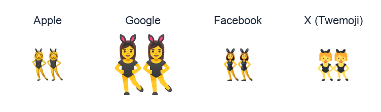 Women With Bunny Ears emoji artwork compared side by side for Apple, Google Noto, Facebook, and X Twemoji styles on white.