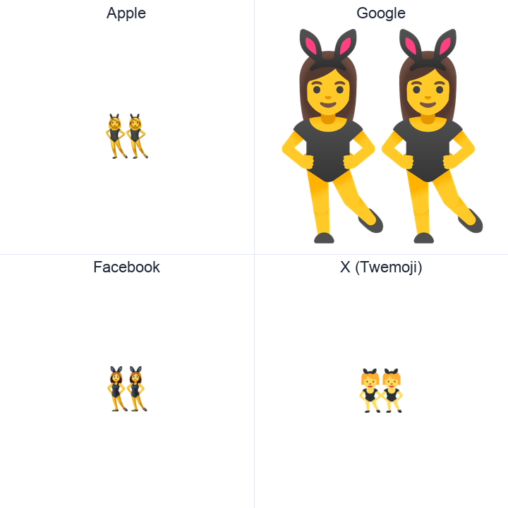 Women With Bunny Ears emoji in a square grid: Apple and Google on the top row, Facebook and X Twemoji on the bottom, on white.