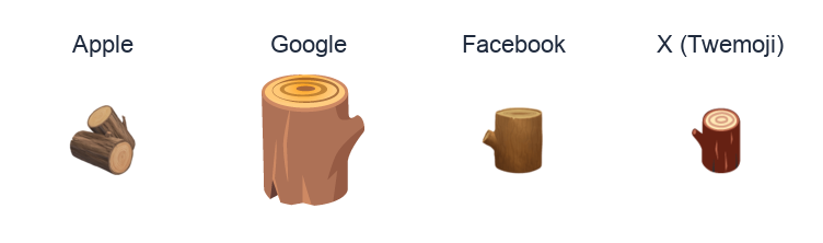 Wood emoji artwork compared side by side for Apple, Google Noto, Facebook, and X Twemoji styles on white.
