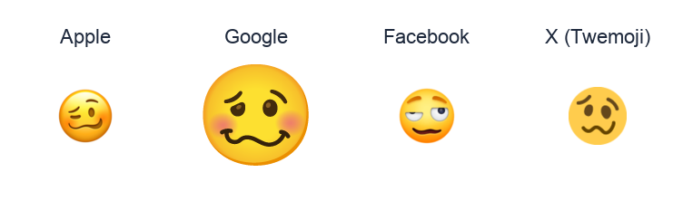 Face With Uneven Eyes And Wavy Mouth emoji artwork compared side by side for Apple, Google Noto, Facebook, and X Twemoji styles on white.