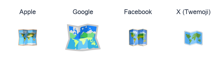 World Map emoji artwork compared side by side for Apple, Google Noto, Facebook, and X Twemoji styles on white.