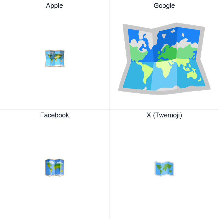 World Map emoji in a square grid: Apple and Google on the top row, Facebook and X Twemoji on the bottom, on white.