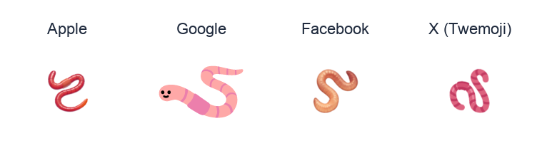 Worm emoji artwork compared side by side for Apple, Google Noto, Facebook, and X Twemoji styles on white.