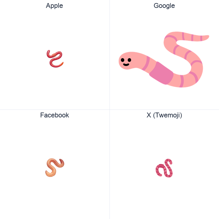 Worm emoji in a square grid: Apple and Google on the top row, Facebook and X Twemoji on the bottom, on white.