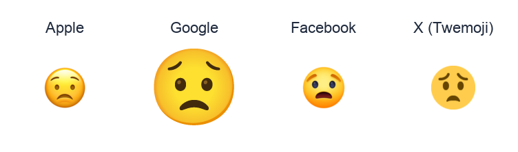 Worried Face emoji artwork compared side by side for Apple, Google Noto, Facebook, and X Twemoji styles on white.