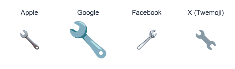 Wrench emoji artwork compared side by side for Apple, Google Noto, Facebook, and X Twemoji styles on white.