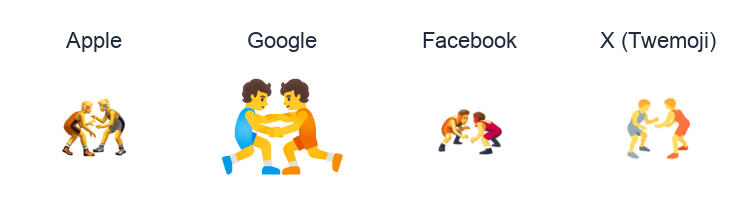 Wrestlers emoji artwork compared side by side for Apple, Google Noto, Facebook, and X Twemoji styles on white.