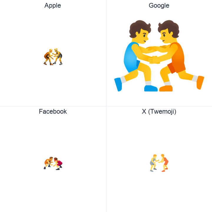 Wrestlers emoji in a square grid: Apple and Google on the top row, Facebook and X Twemoji on the bottom, on white.