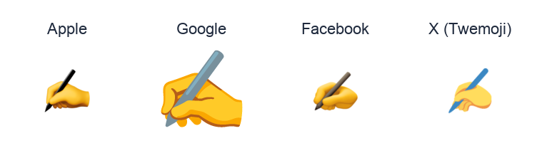 Writing Hand emoji artwork compared side by side for Apple, Google Noto, Facebook, and X Twemoji styles on white.