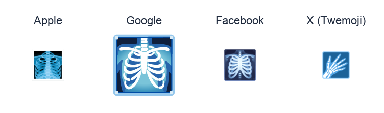 X-Ray emoji artwork compared side by side for Apple, Google Noto, Facebook, and X Twemoji styles on white.