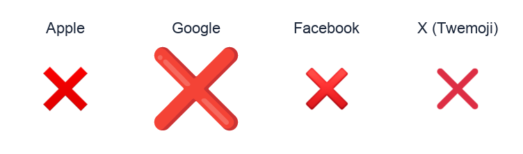 Cross Mark emoji artwork compared side by side for Apple, Google Noto, Facebook, and X Twemoji styles on white.