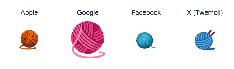 Ball Of Yarn emoji artwork compared side by side for Apple, Google Noto, Facebook, and X Twemoji styles on white.