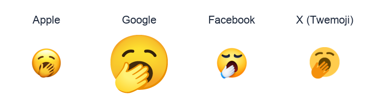 Yawning Face emoji artwork compared side by side for Apple, Google Noto, Facebook, and X Twemoji styles on white.