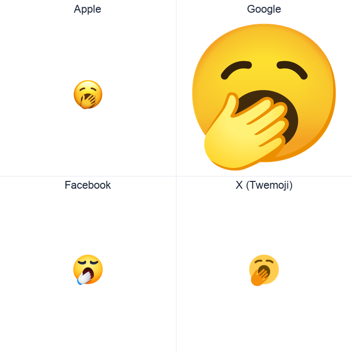 Yawning Face emoji in a square grid: Apple and Google on the top row, Facebook and X Twemoji on the bottom, on white.