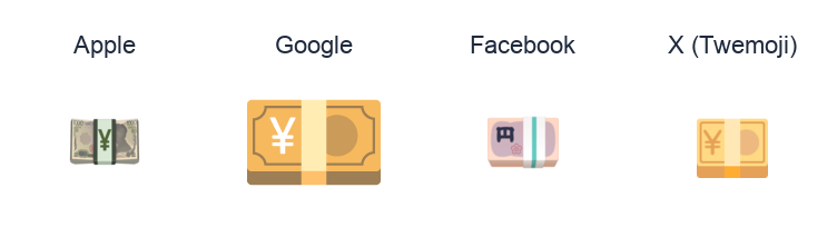 Banknote With Yen Sign emoji artwork compared side by side for Apple, Google Noto, Facebook, and X Twemoji styles on white.