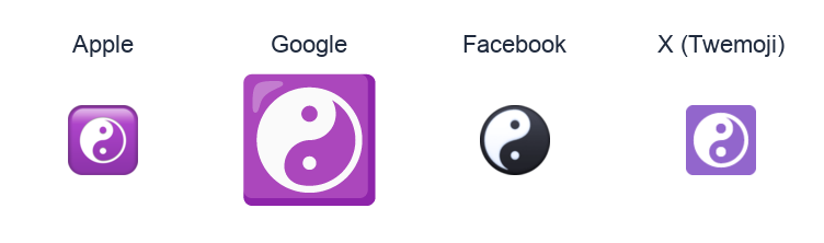 Yin Yang emoji artwork compared side by side for Apple, Google Noto, Facebook, and X Twemoji styles on white.