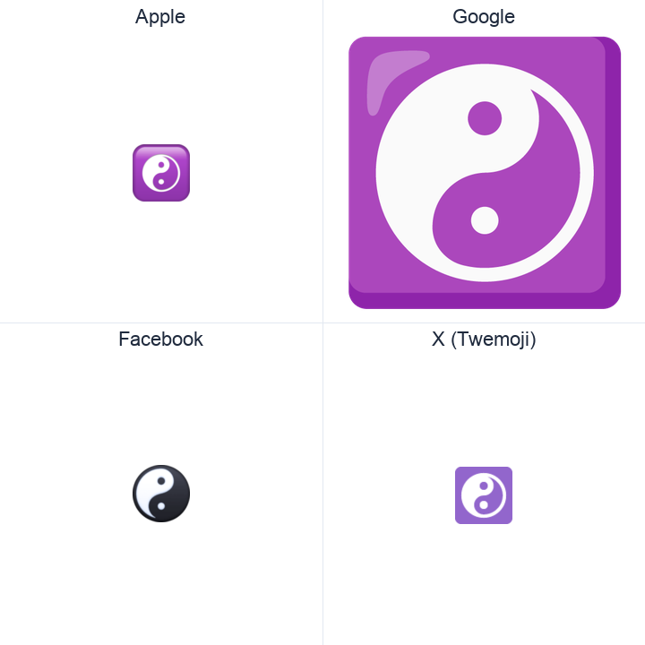 Yin Yang emoji in a square grid: Apple and Google on the top row, Facebook and X Twemoji on the bottom, on white.