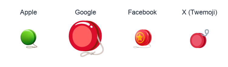 Yo-Yo emoji artwork compared side by side for Apple, Google Noto, Facebook, and X Twemoji styles on white.