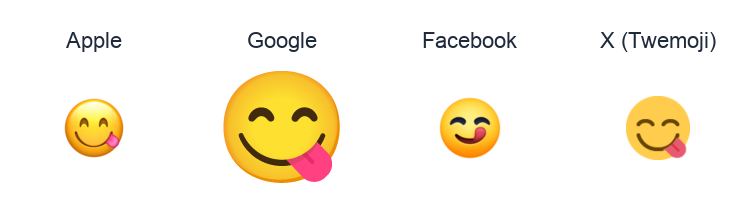 Face Savouring Delicious Food emoji artwork compared side by side for Apple, Google Noto, Facebook, and X Twemoji styles on white.