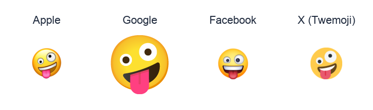 Grinning Face With One Large And One Small Eye emoji artwork compared side by side for Apple, Google Noto, Facebook, and X Twemoji styles on white.