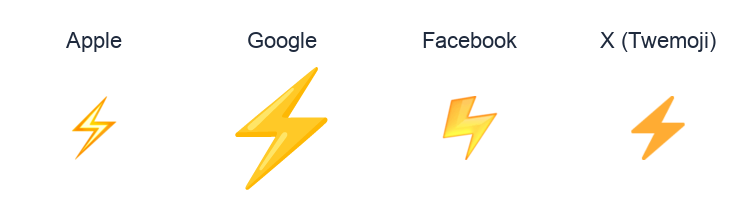 High Voltage Sign emoji artwork compared side by side for Apple, Google Noto, Facebook, and X Twemoji styles on white.