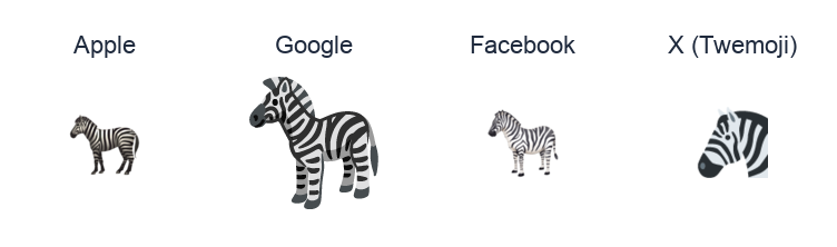 Zebra Face emoji artwork compared side by side for Apple, Google Noto, Facebook, and X Twemoji styles on white.