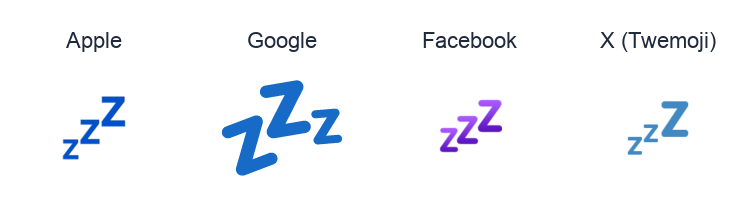 Sleeping Symbol emoji artwork compared side by side for Apple, Google Noto, Facebook, and X Twemoji styles on white.