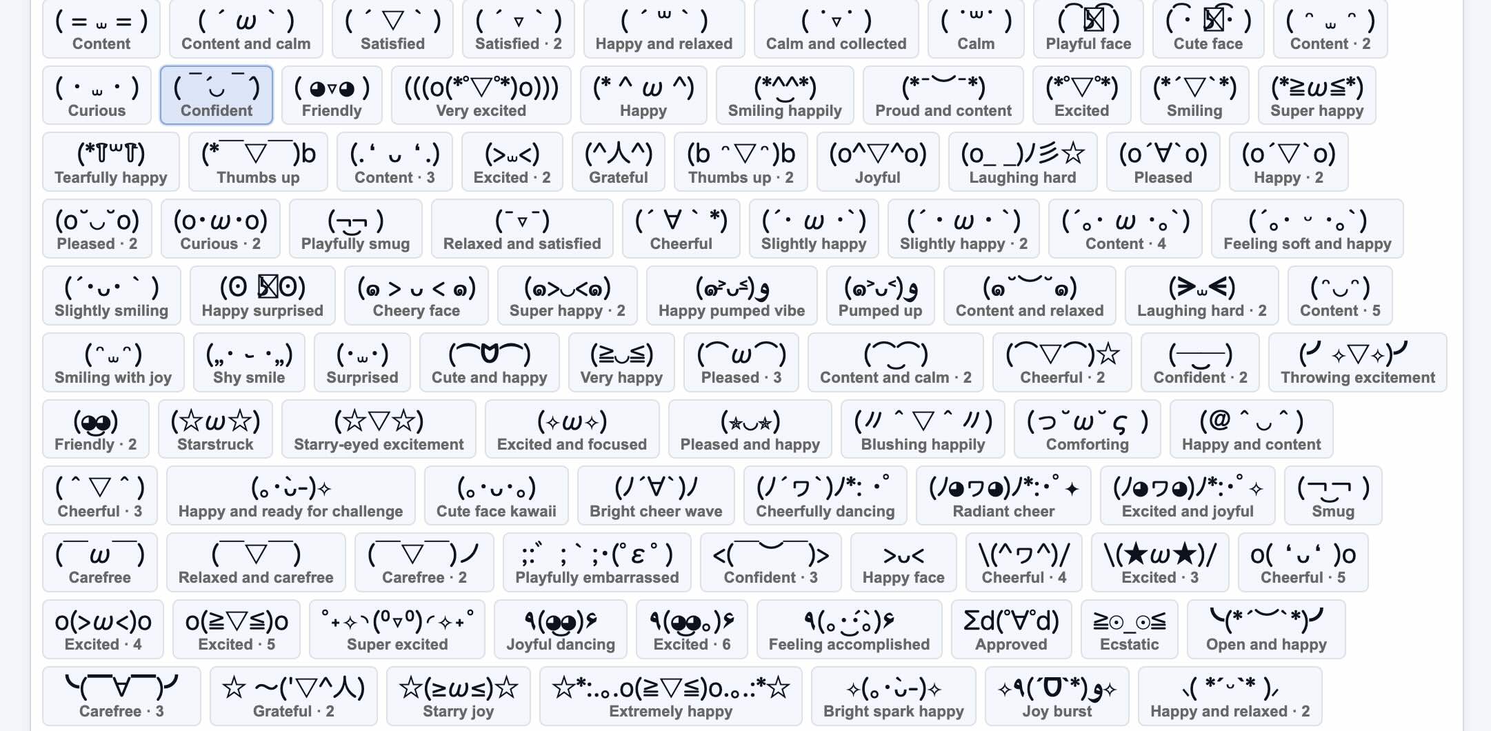 Kaomoji mood examples and text faces